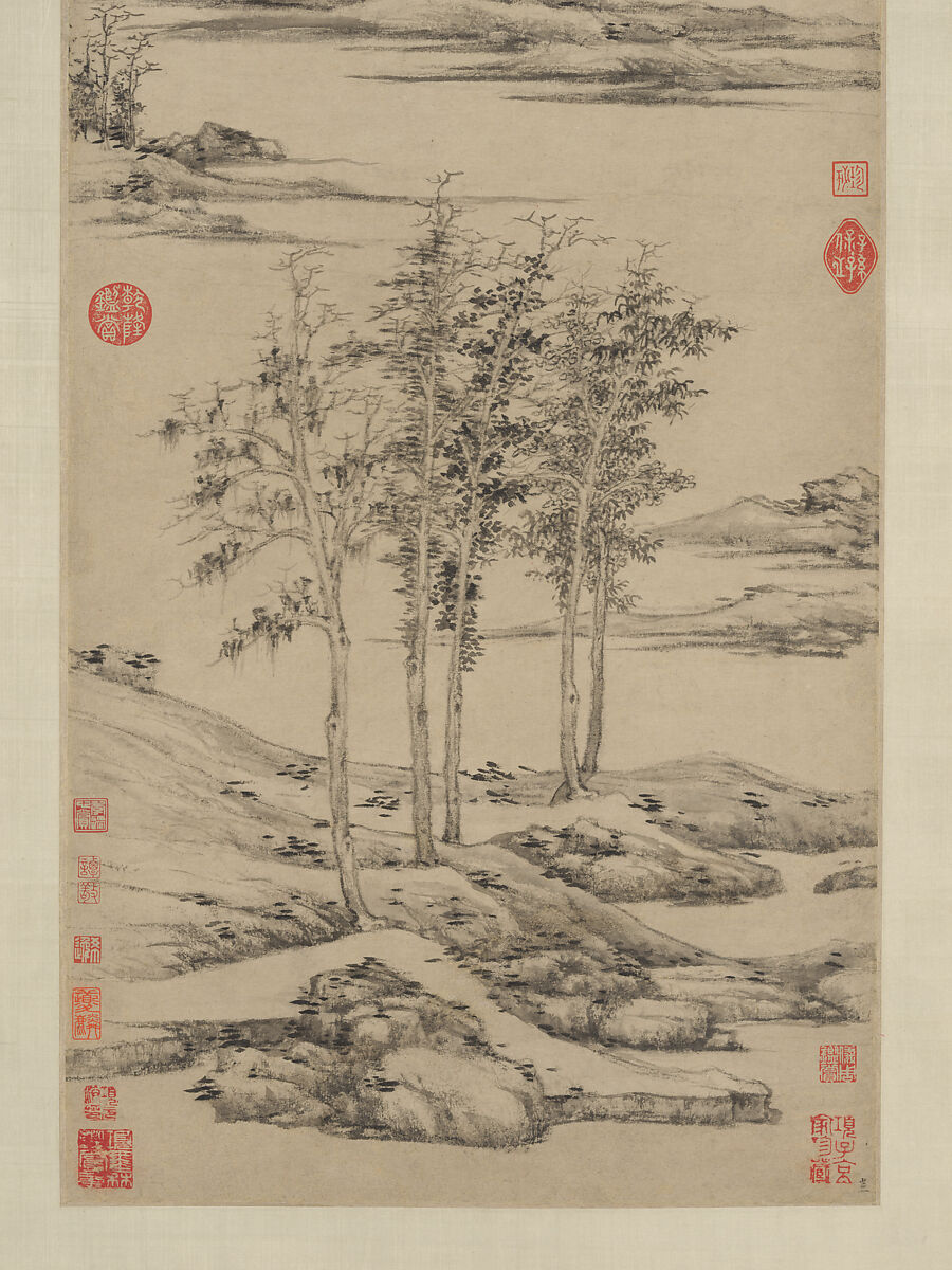 Woods and Valleys of Mount Yu, Ni Zan (Chinese, 1306–1374), Hanging scroll; ink on paper, China