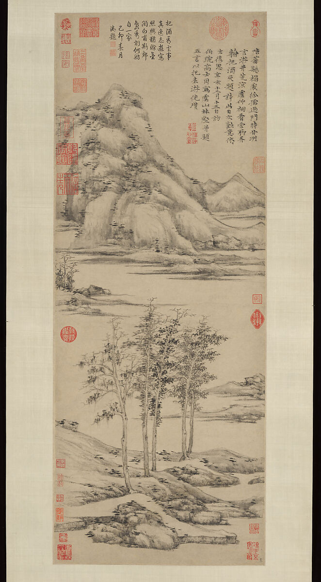 Woods and Valleys of Mount Yu, Ni Zan (Chinese, 1306–1374), Hanging scroll; ink on paper, China 