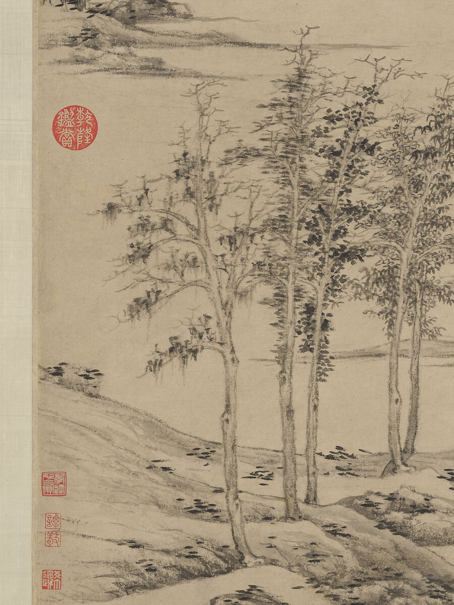 Woods and Valleys of Mount Yu, Ni Zan (Chinese, 1306–1374), Hanging scroll; ink on paper, China