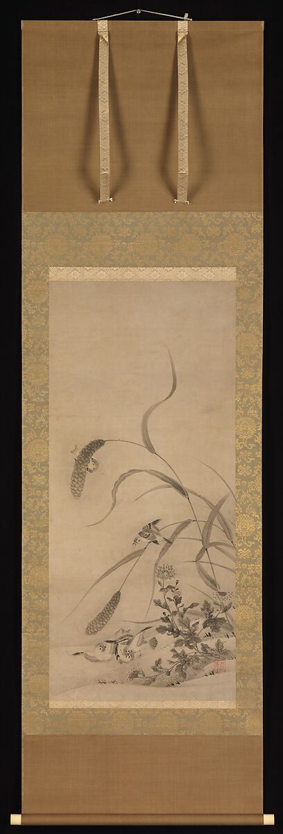 Millet and Sparrows, Geiai (active mid-16th century), Hanging scroll; ink on paper, Japan