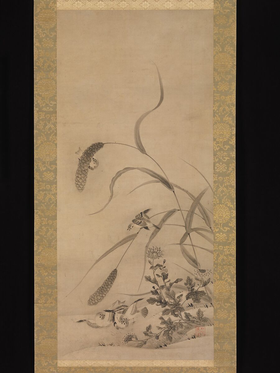 Millet and Sparrows, Geiai (active mid-16th century), Hanging scroll; ink on paper, Japan 