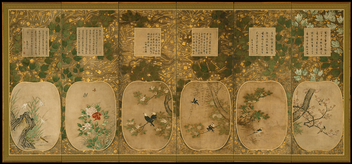 Birds and Flowers of the Twelve Months with Chinese Calligraphy, Kano School, Pair of six-panel folding screens; ink and color and gold leaf on paper, Japan 