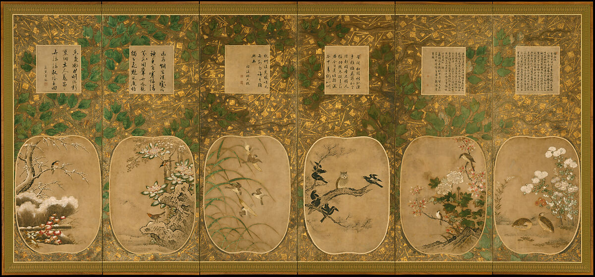 Birds and Flowers of the Twelve Months with Chinese Calligraphy, Kano School (Japanese, 1476–1559), Pair of six-panel folding screens; ink and color and gold leaf on paper, Japan