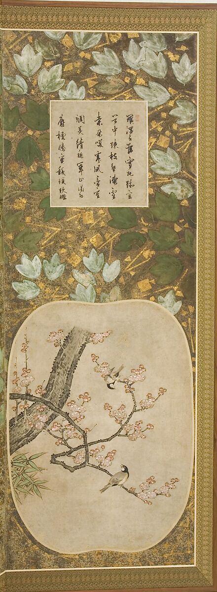 Birds and Flowers of the Twelve Months with Chinese Calligraphy, Kano School (Japanese, 1476–1559), Pair of six-panel folding screens; ink and color and gold leaf on paper, Japan
