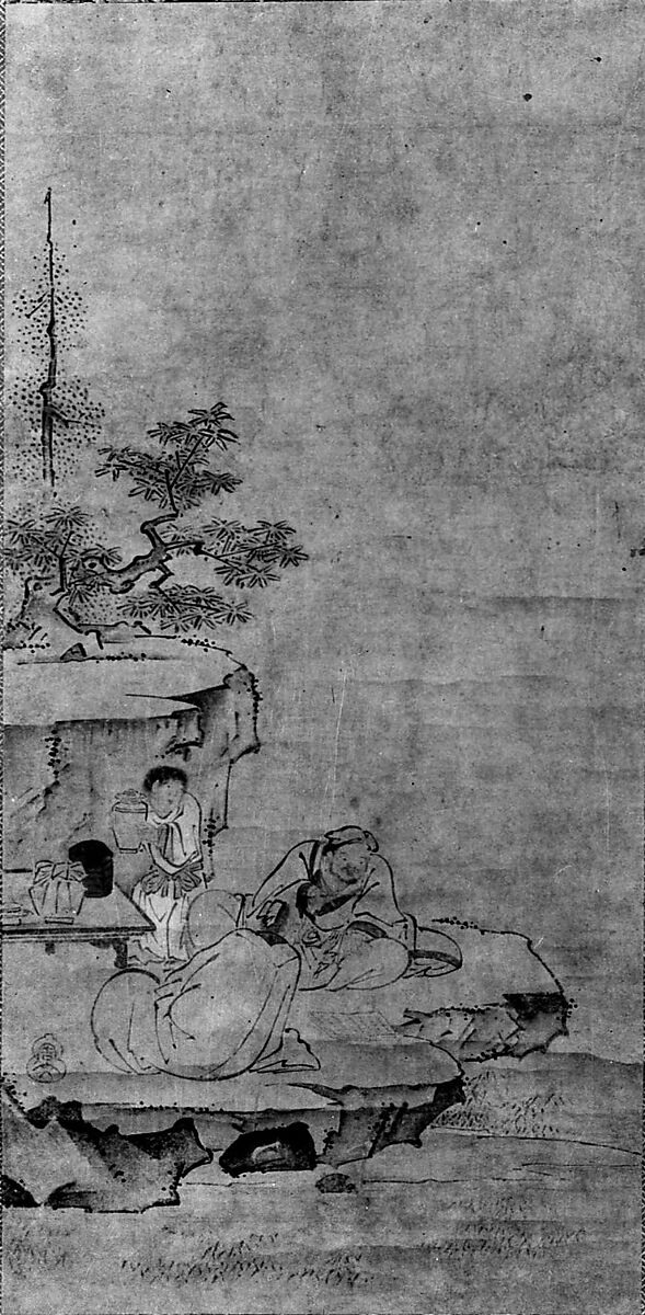 Elegant Conversation in Mountains, Spurious seal of Tenshō Shūbun (Japanese, active 1414–before 1463), Hanging scroll; ink and color on paper, Japan 