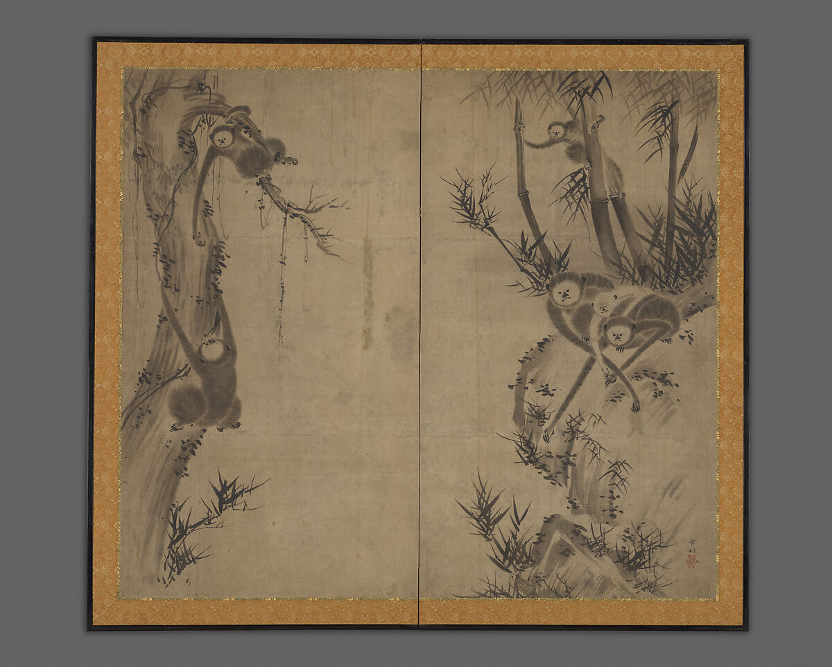 Monkeys on Rocks and Trees, Attributed to Sesson Shūkei (ca. 1504–ca. 1589), Two-panel folding screen; ink on paper, Japan 