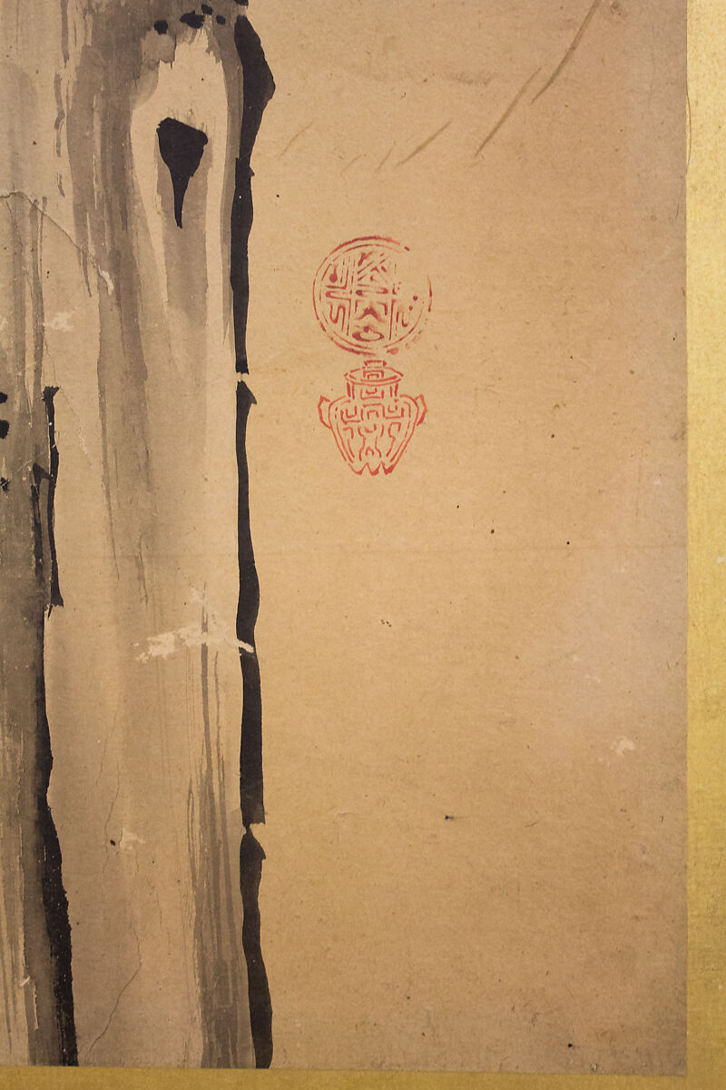 Tethered Hawks, After Soga Chokuan (Japanese, active ca. 1596–1615), Six-panel folding screen; ink and color on paper, Japan