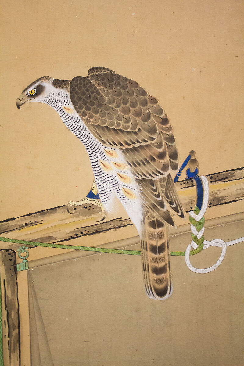 Tethered Hawks, After Soga Chokuan (Japanese, active ca. 1596–1615), Six-panel folding screen; ink and color on paper, Japan