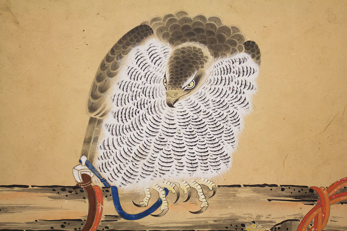 Tethered Hawks, After Soga Chokuan (Japanese, active ca. 1596–1615), Six-panel folding screen; ink and color on paper, Japan