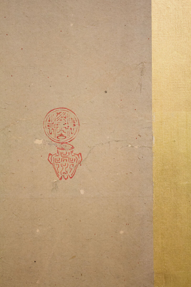 Tethered Hawks, After Soga Chokuan (Japanese, active ca. 1596–1615), Six-panel folding screen; ink and color on paper, Japan