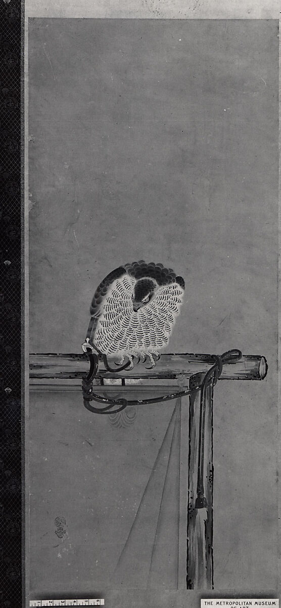 Tethered Hawks, After Soga Chokuan (Japanese, active ca. 1596–1615), Six-panel folding screen; ink and color on paper, Japan
