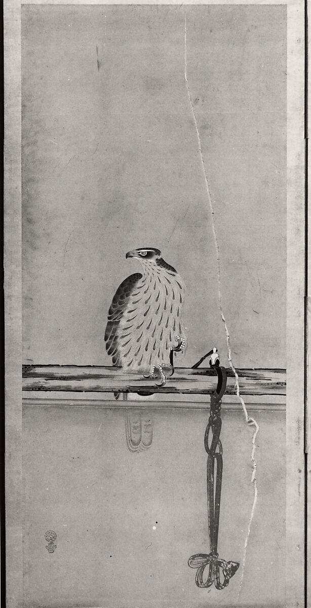 Tethered Hawks, After Soga Chokuan (Japanese, active ca. 1596–1615), Six-panel folding screen; ink and color on paper, Japan