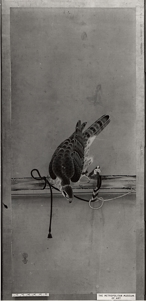 Tethered Hawks, After Soga Chokuan (Japanese, active ca. 1596–1615), Six-panel folding screen; ink and color on paper, Japan