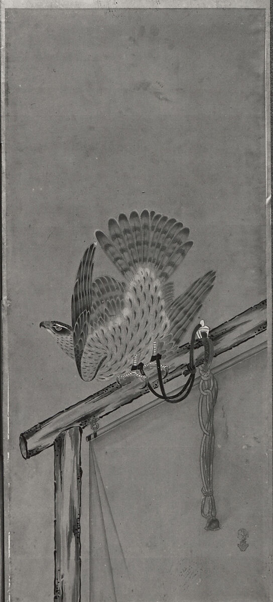 Tethered Hawks, After Soga Chokuan (Japanese, active ca. 1596–1615), Six-panel folding screen; ink and color on paper, Japan