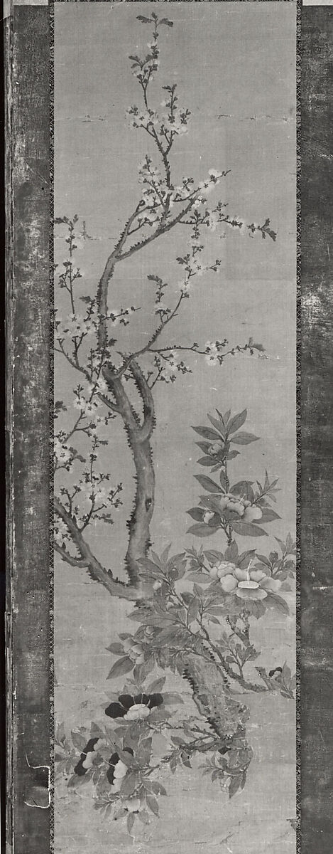 Tethered Hawks, After Soga Chokuan (Japanese, active ca. 1596–1615), Six-panel folding screen; ink and color on paper, Japan