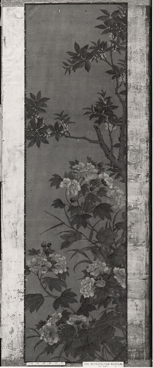 Tethered Hawks, After Soga Chokuan (Japanese, active ca. 1596–1615), Six-panel folding screen; ink and color on paper, Japan