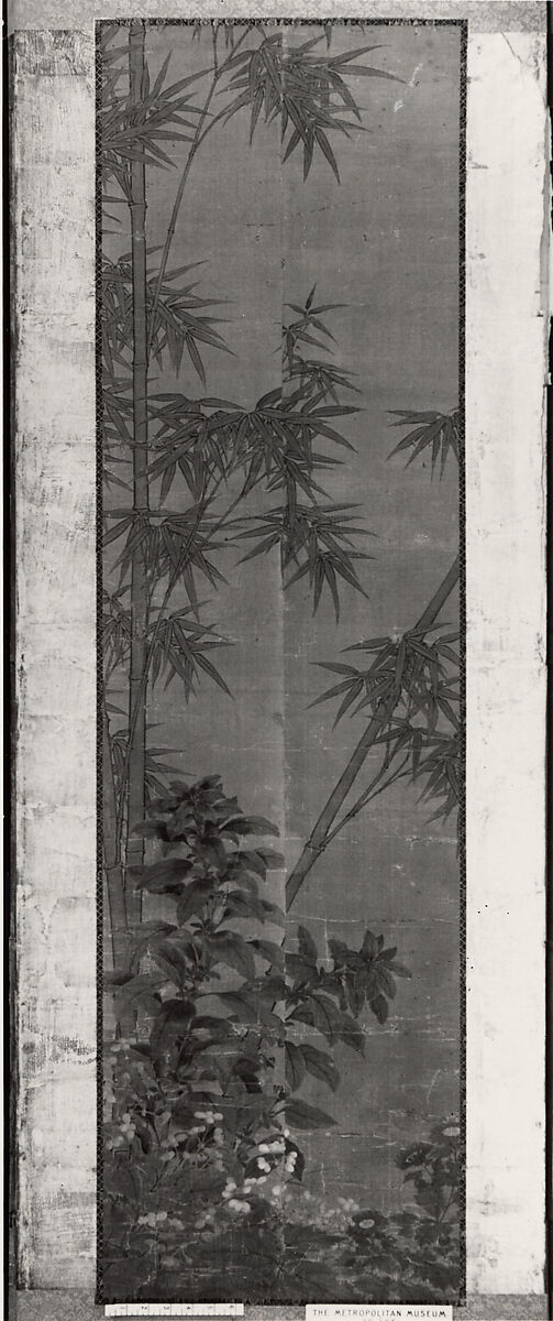 Tethered Hawks, After Soga Chokuan (Japanese, active ca. 1596–1615), Six-panel folding screen; ink and color on paper, Japan