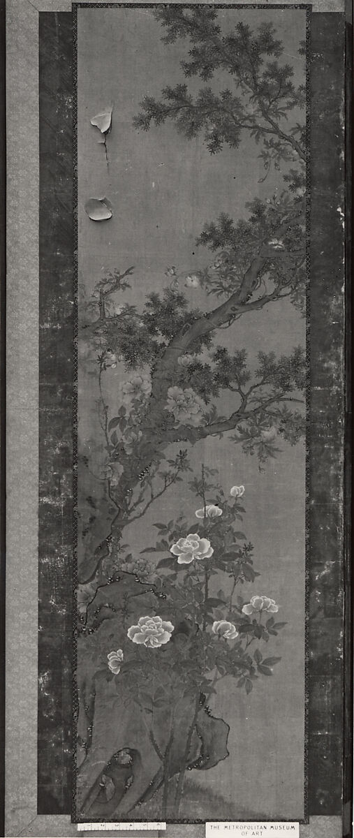 Tethered Hawks, After Soga Chokuan (Japanese, active ca. 1596–1615), Six-panel folding screen; ink and color on paper, Japan