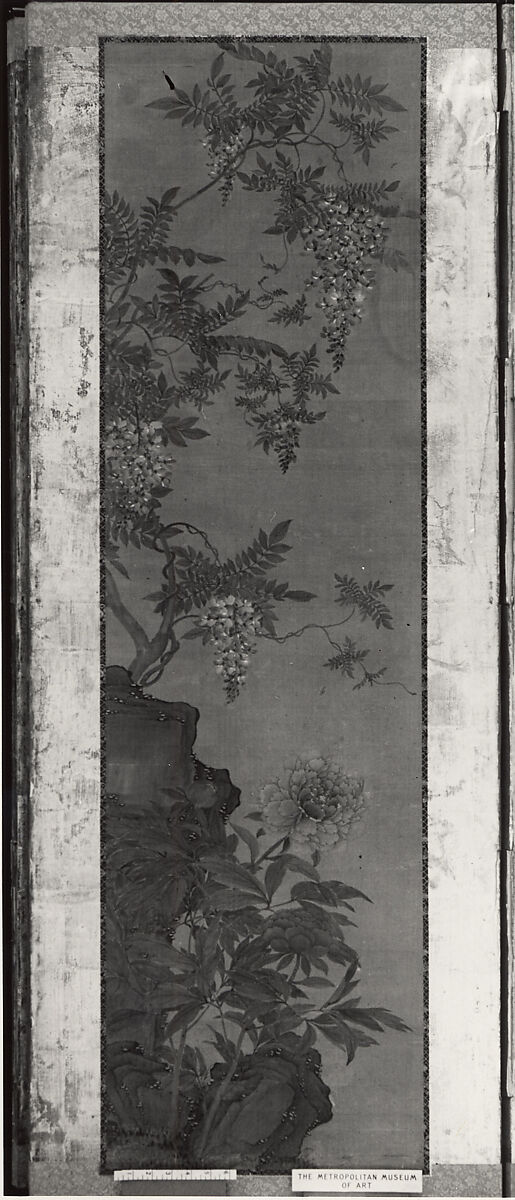 Tethered Hawks, After Soga Chokuan (Japanese, active ca. 1596–1615), Six-panel folding screen; ink and color on paper, Japan