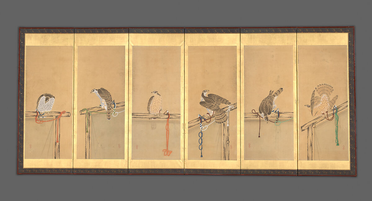 Tethered Hawks, After Soga Chokuan (Japanese, active ca. 1596–1615), Six-panel folding screen; ink and color on paper, Japan 