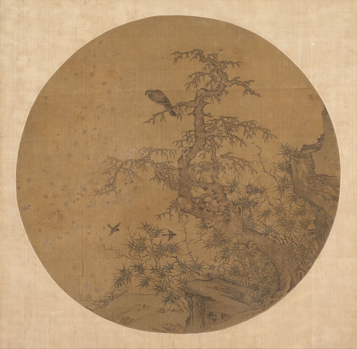 Old Tree, Bamboo, and Birds, Unidentified artist Chinese, late 14th–early 15th century, Fan mounted as an album leaf; ink and color on silk, China 