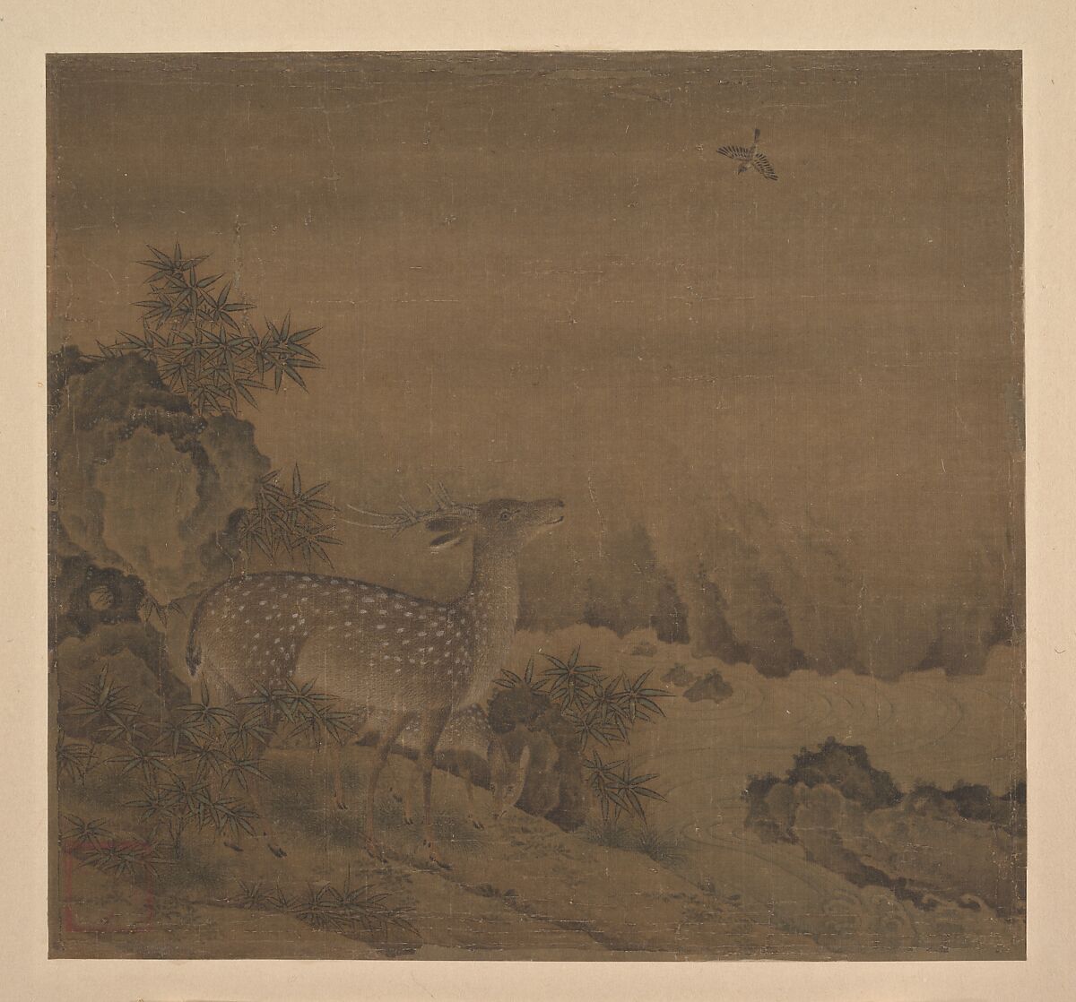 Deer by a Pine Stream, Unidentified artist, Album leaf; ink and color on silk, China 