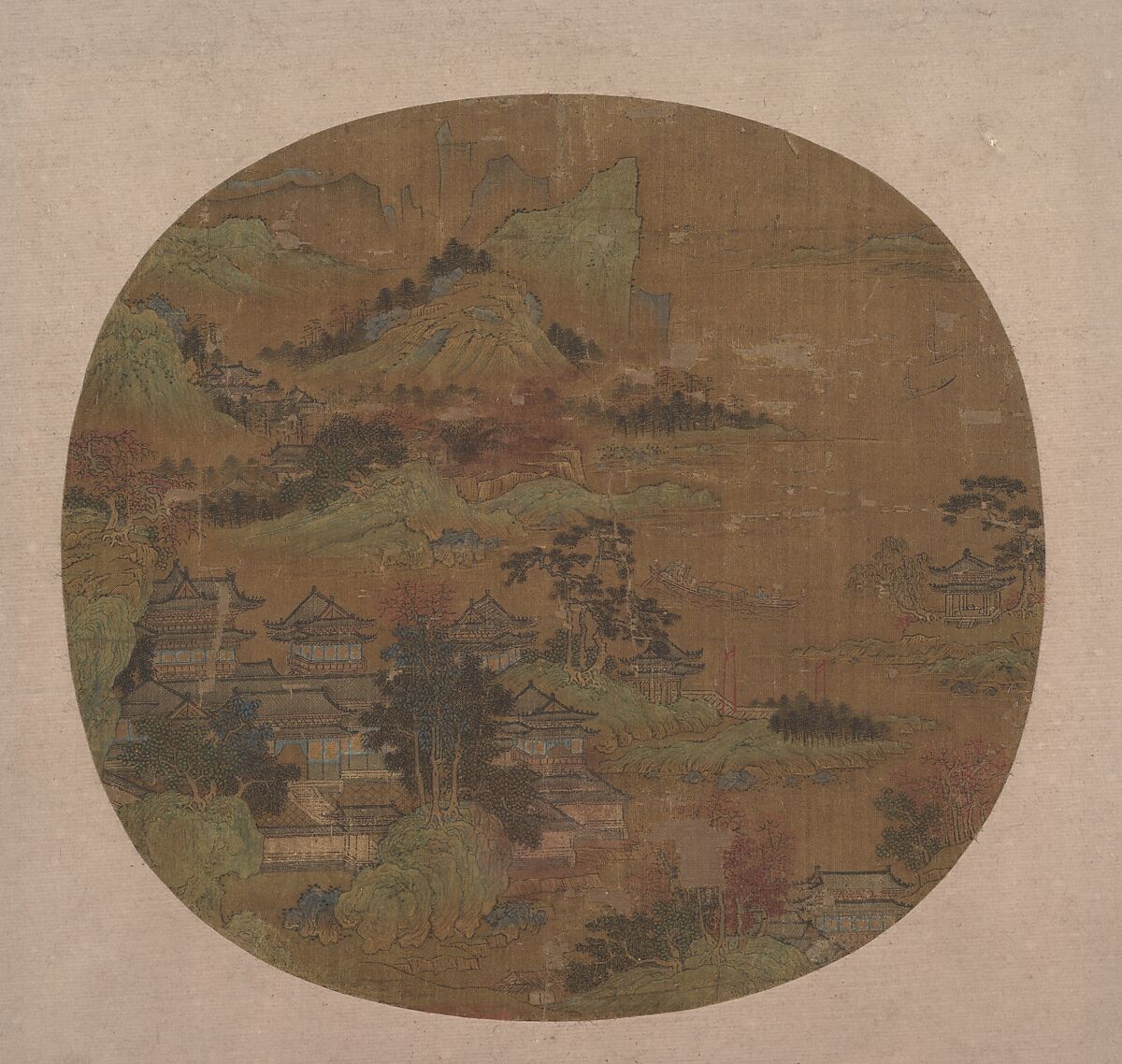 Palaces among Autumn Mountains, Unidentified artist Chinese, active early 15th century, Round fan mounted as an album leaf; ink, color, and gold on silk, China 