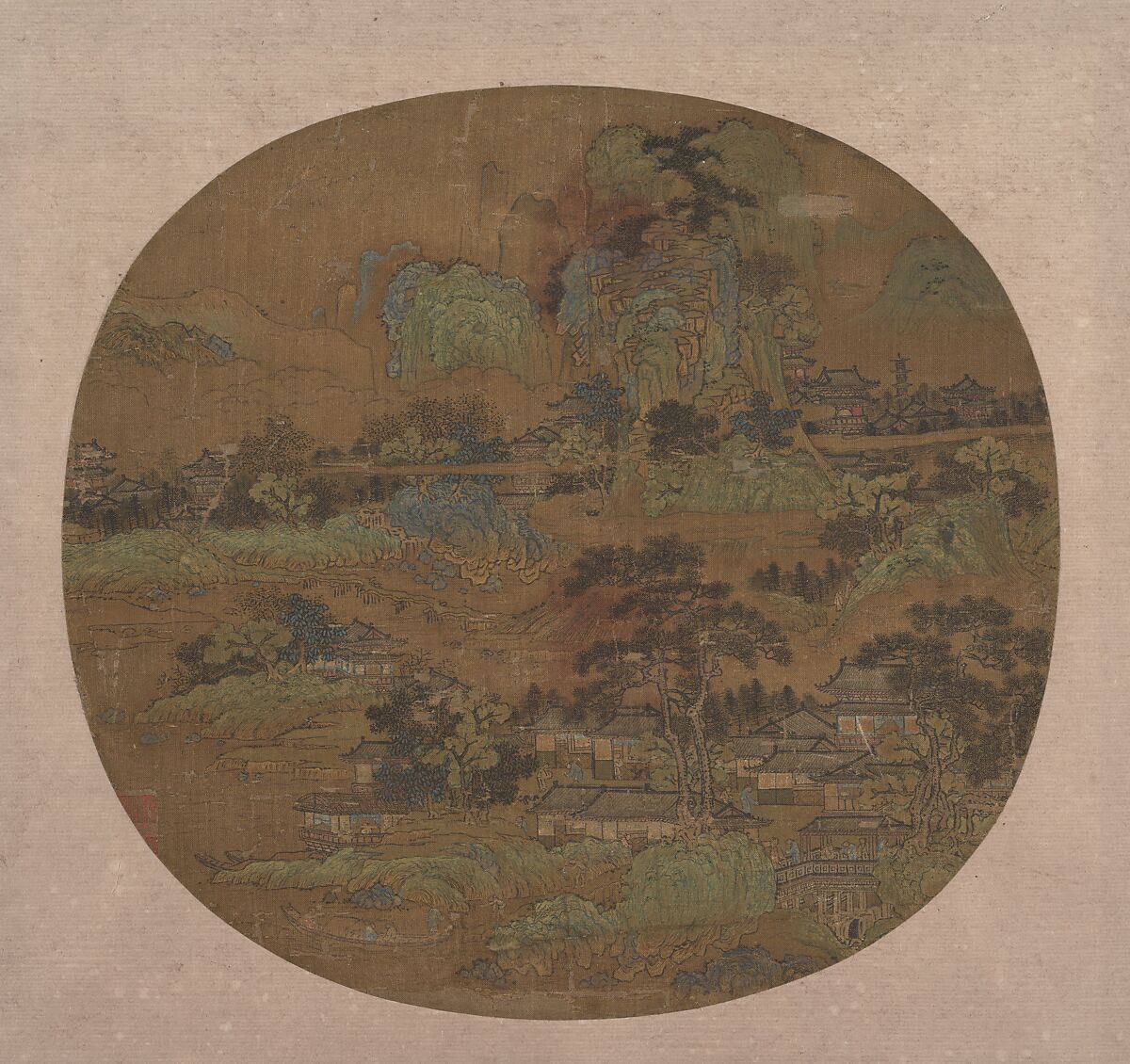 Village and Temples in Jiangnan, Unidentified artist, Round fan mounted as an album leaf; ink, color, and gold on silk, China 