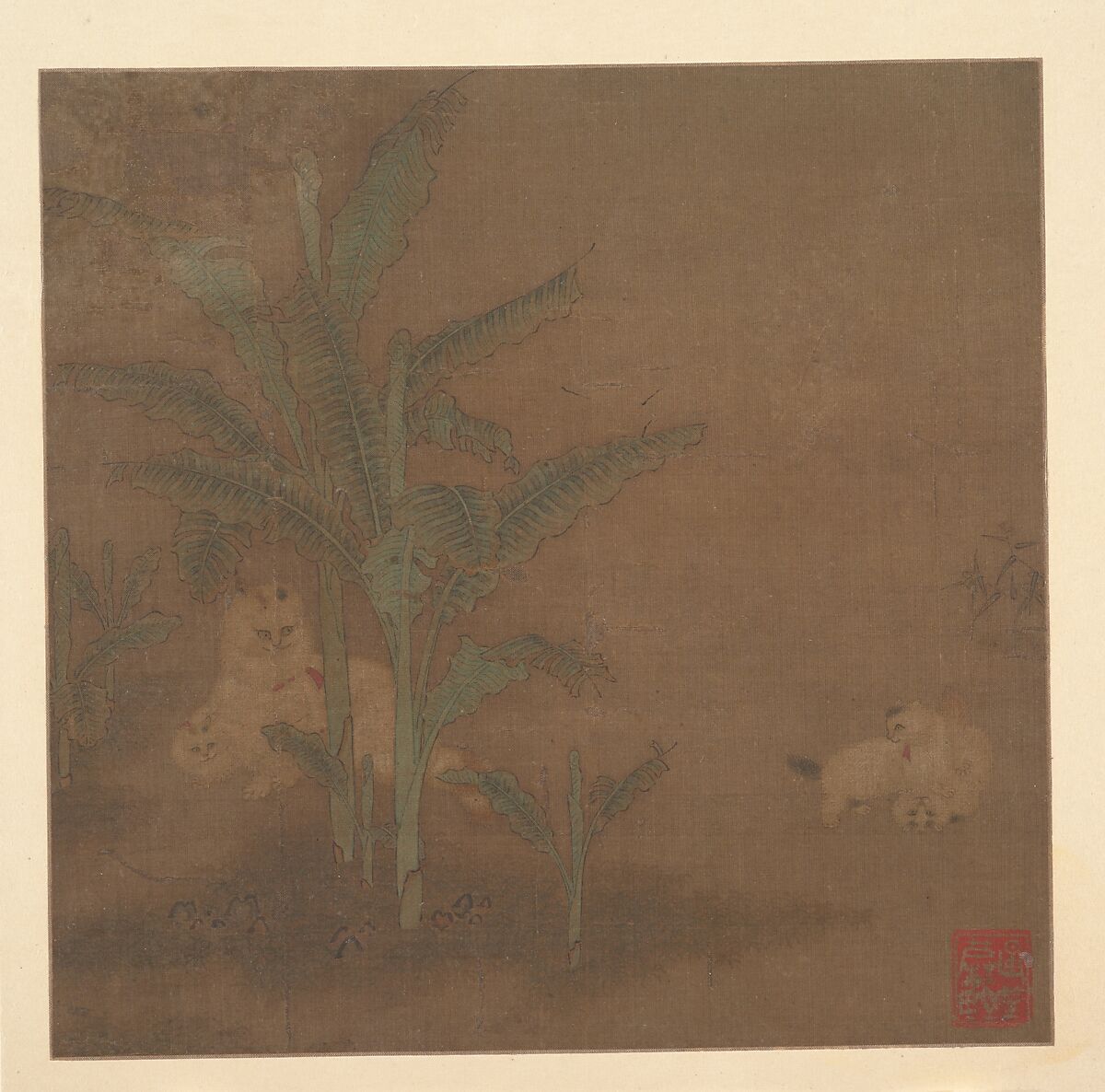 Frolicking Kittens under a Banana Tree, Unidentified artist, Album leaf; ink and color on silk, China 