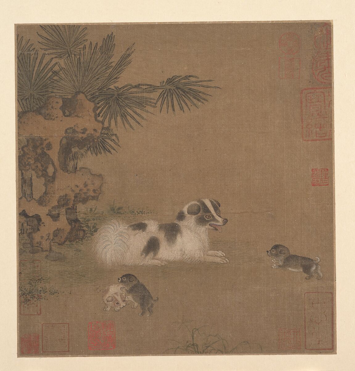 Puppies Playing beside a Palm Tree and Garden Rock, Unidentified artist Chinese, 15th century, Album leaf; ink and color on silk, China 