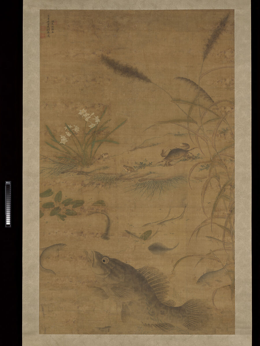 Flowers, fish, and crabs, Liu Jie (Chinese, active mid-16th century), Hanging scroll; ink and color on silk, China 