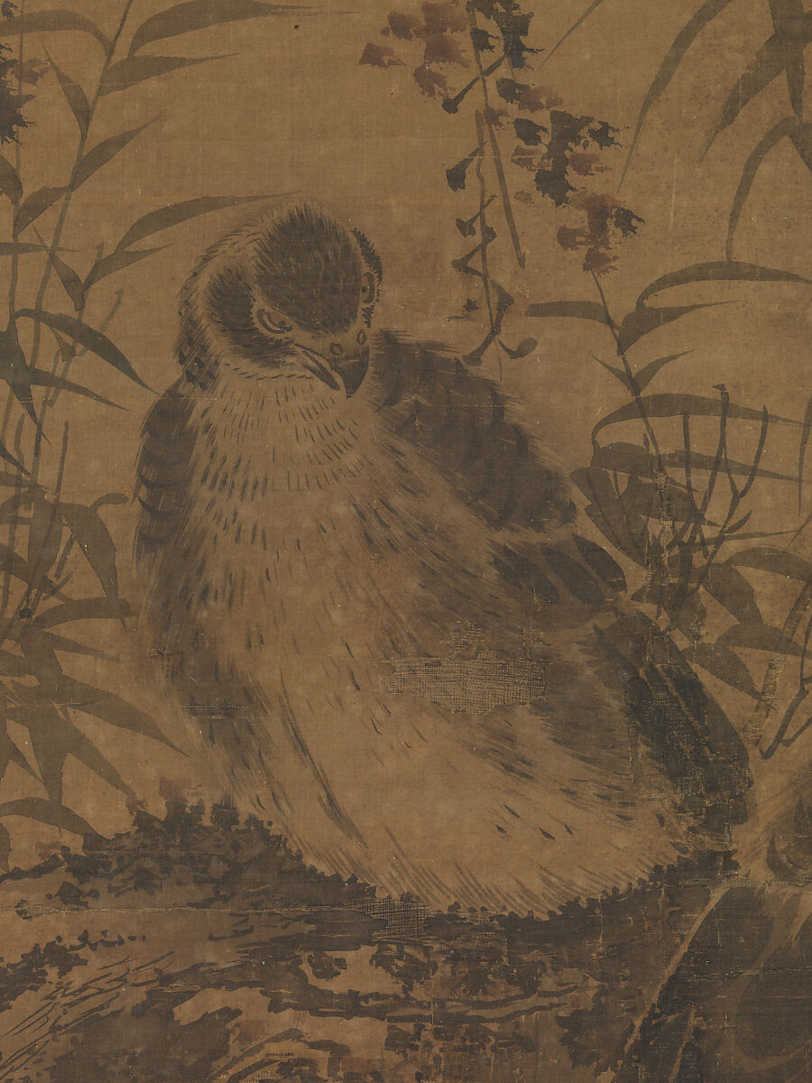 Two hawks in a thicket, Lin Liang (Chinese, ca. 1416–1480), Hanging scroll; ink and color on silk, China