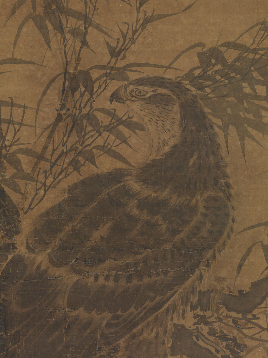 Two hawks in a thicket, Lin Liang (Chinese, ca. 1416–1480), Hanging scroll; ink and color on silk, China