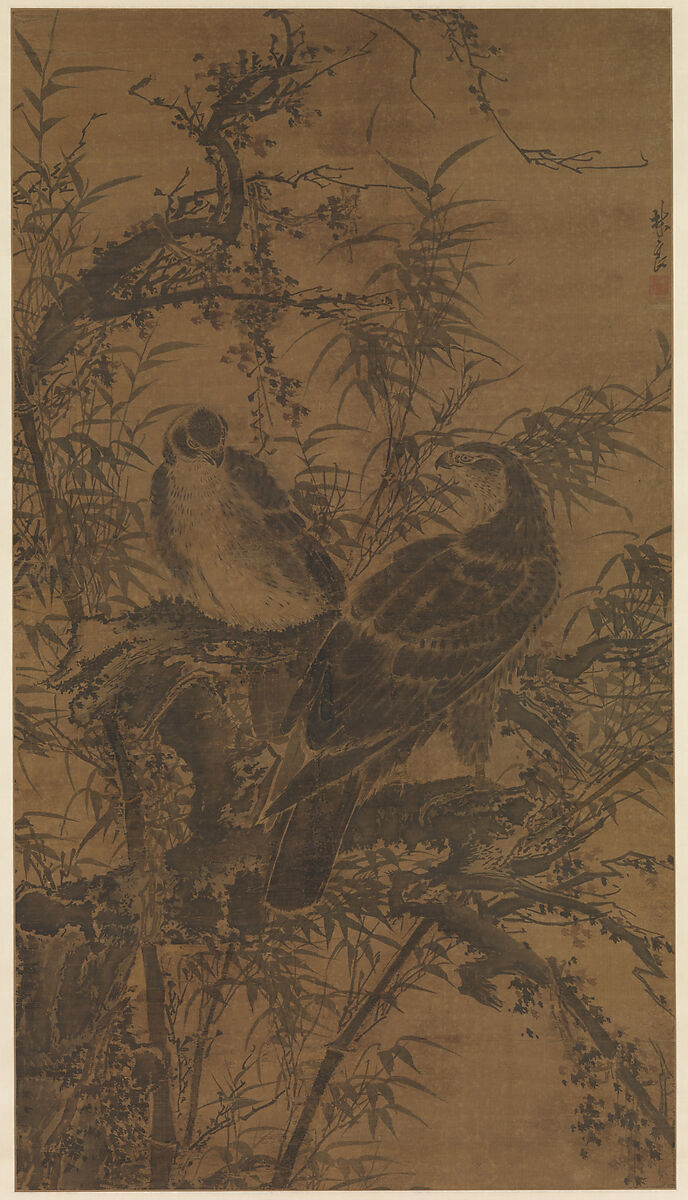 Two hawks in a thicket, Lin Liang (Chinese, ca. 1416–1480), Hanging scroll; ink and color on silk, China 