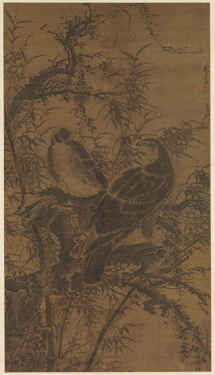 Two hawks in a thicket, Lin Liang  Chinese, Hanging scroll; ink and color on silk, China