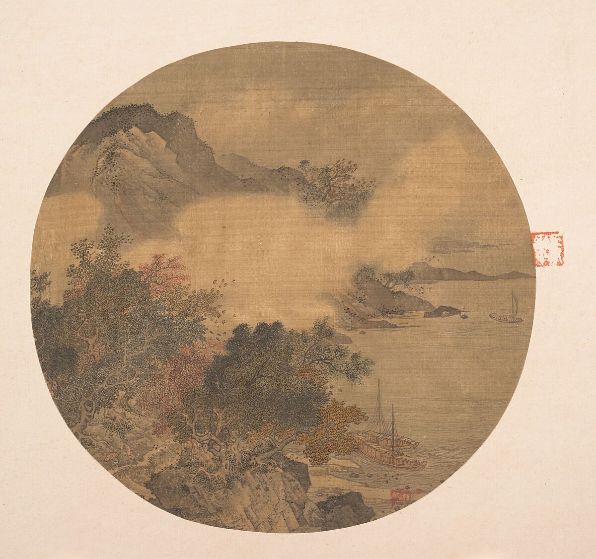 Misty Landscape, Unidentified artist, Fan mounted as an album leaf; ink and color on silk, China 