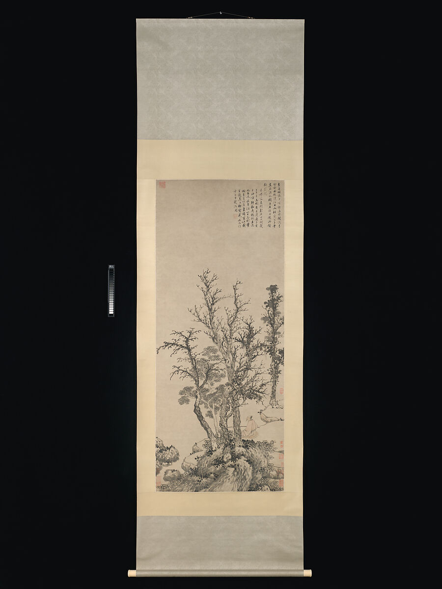 Silent fisherman in an autumn wood, Shen Zhou (Chinese, 1427–1509), Hanging scroll; ink and color on paper, China