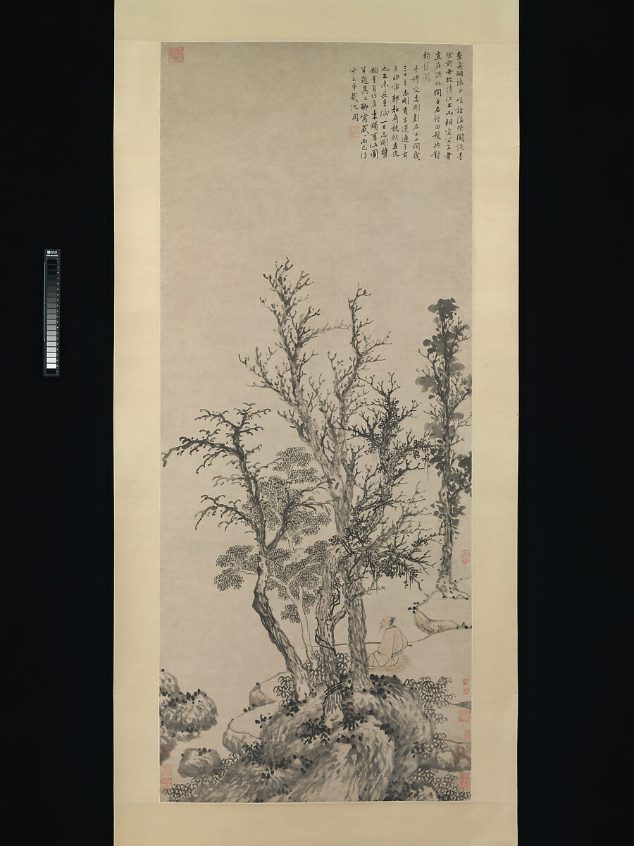 Silent fisherman in an autumn wood, Shen Zhou (Chinese, 1427–1509), Hanging scroll; ink and color on paper, China 