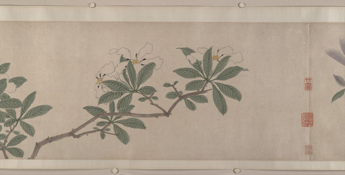 Flowers of the Four Seasons, Shen Zhou (Chinese, 1427–1509), Handscroll; ink and color on paper, China
