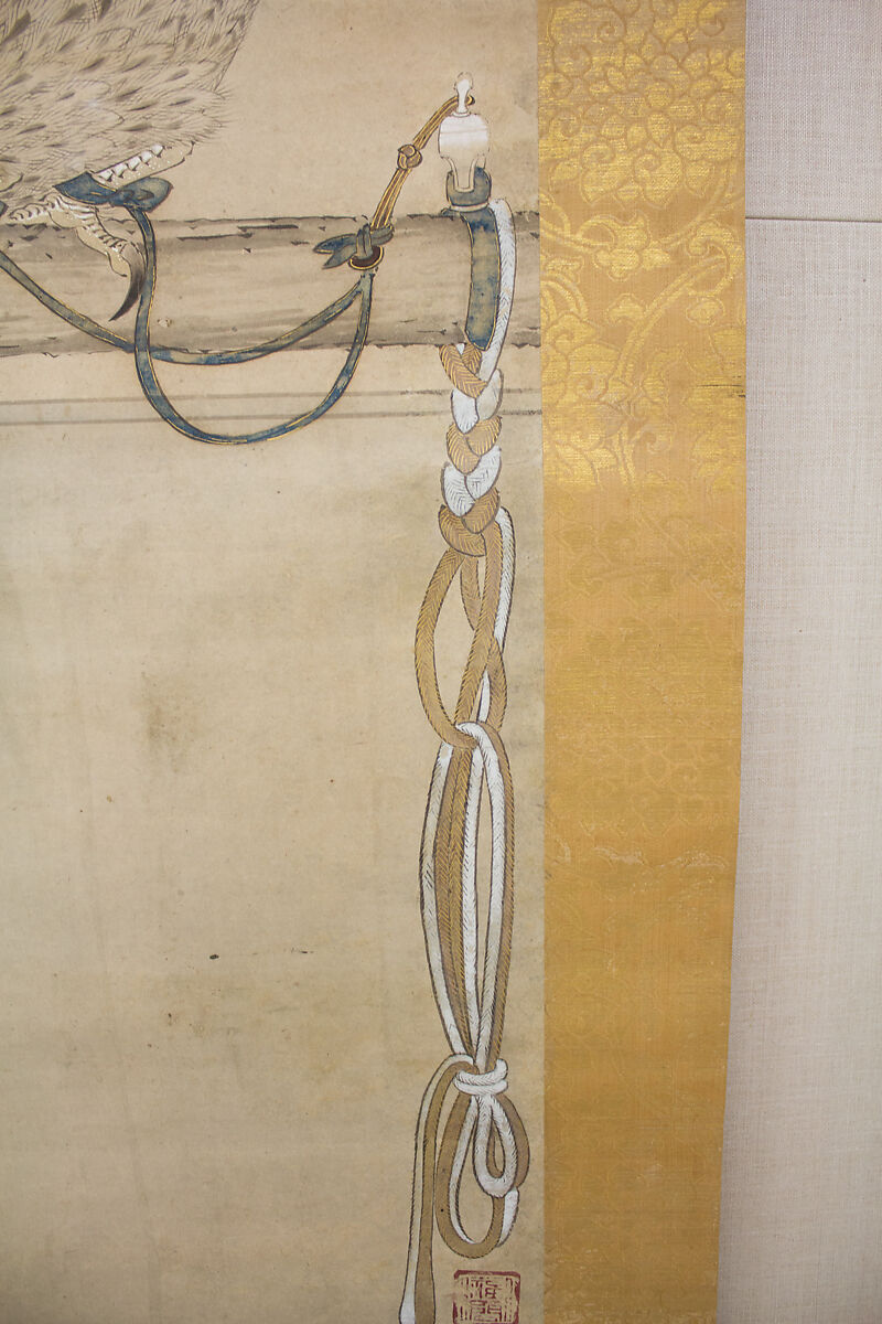 Hunting Hawk on Perch, Attributed to Soga Chokuan (Japanese, active ca. 1596–1615), Hanging scroll; ink and color on paper, Japan