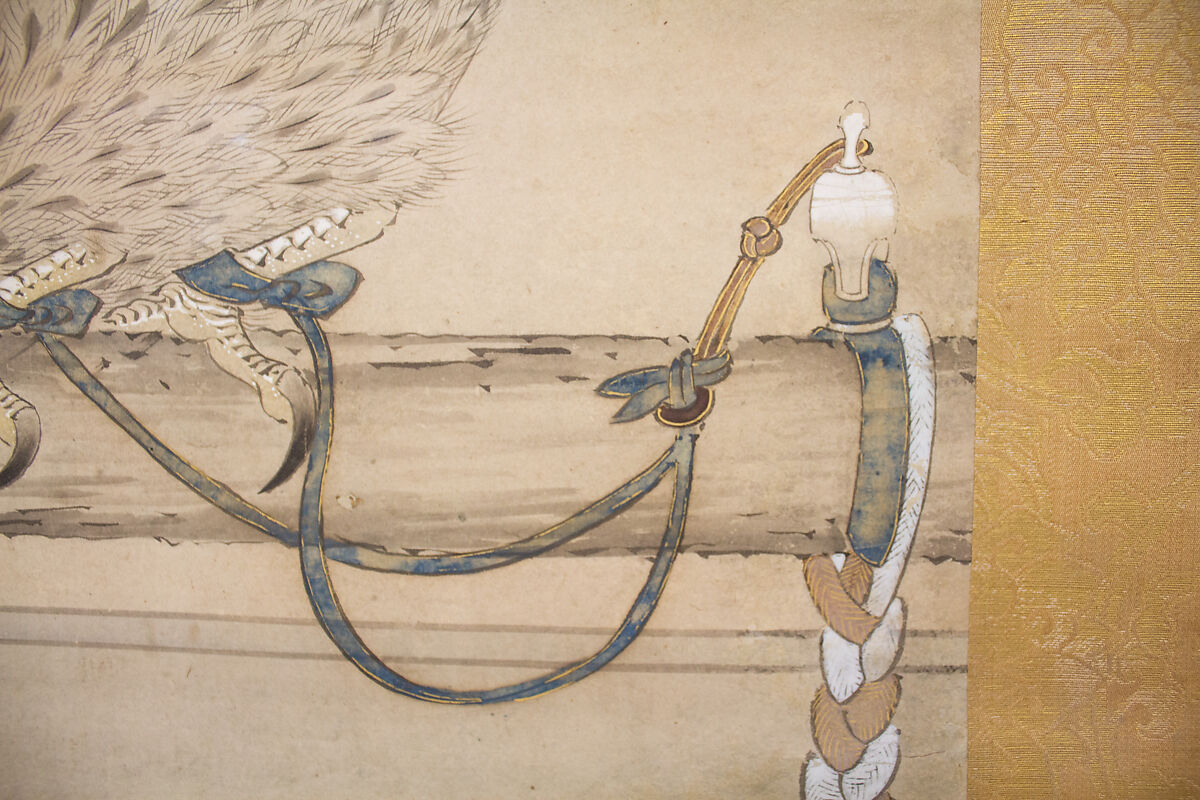 Hunting Hawk on Perch, Attributed to Soga Chokuan (Japanese, active ca. 1596–1615), Hanging scroll; ink and color on paper, Japan