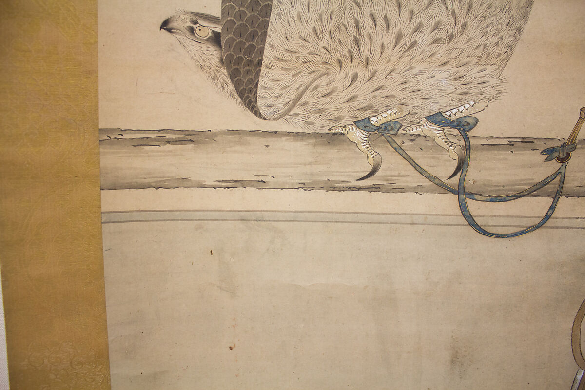 Hunting Hawk on Perch, Attributed to Soga Chokuan (Japanese, active ca. 1596–1615), Hanging scroll; ink and color on paper, Japan