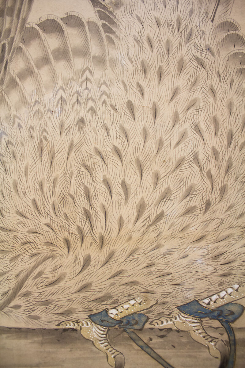 Hunting Hawk on Perch, Attributed to Soga Chokuan (Japanese, active ca. 1596–1615), Hanging scroll; ink and color on paper, Japan