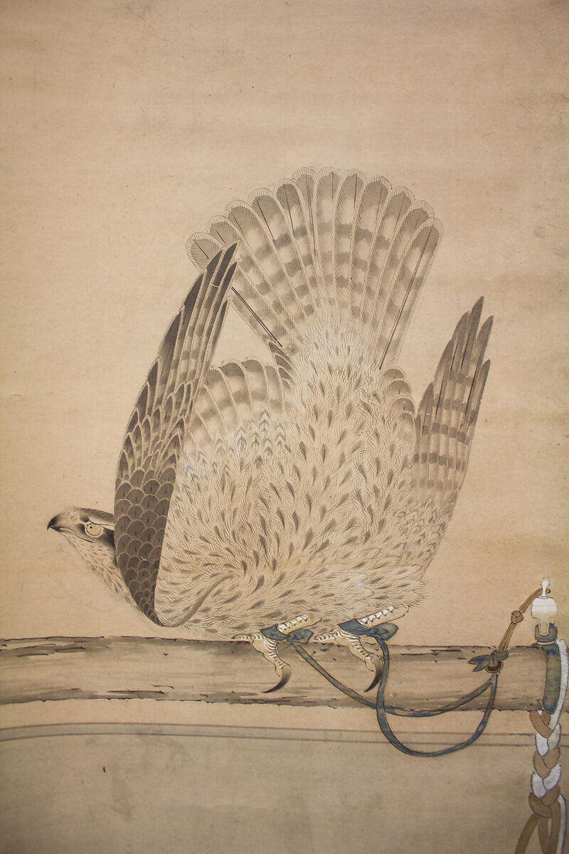 Hunting Hawk on Perch, Attributed to Soga Chokuan (Japanese, active ca. 1596–1615), Hanging scroll; ink and color on paper, Japan