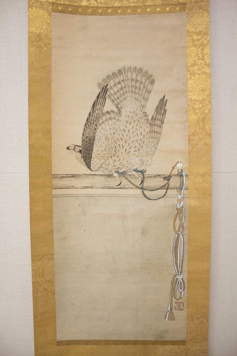 Hunting Hawk on Perch, Attributed to Soga Chokuan (Japanese, active ca. 1596–1615), Hanging scroll; ink and color on paper, Japan 