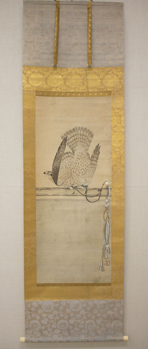 Hunting Hawk on Perch, Attributed to Soga Chokuan (Japanese, active ca. 1596–1615), Hanging scroll; ink and color on paper, Japan