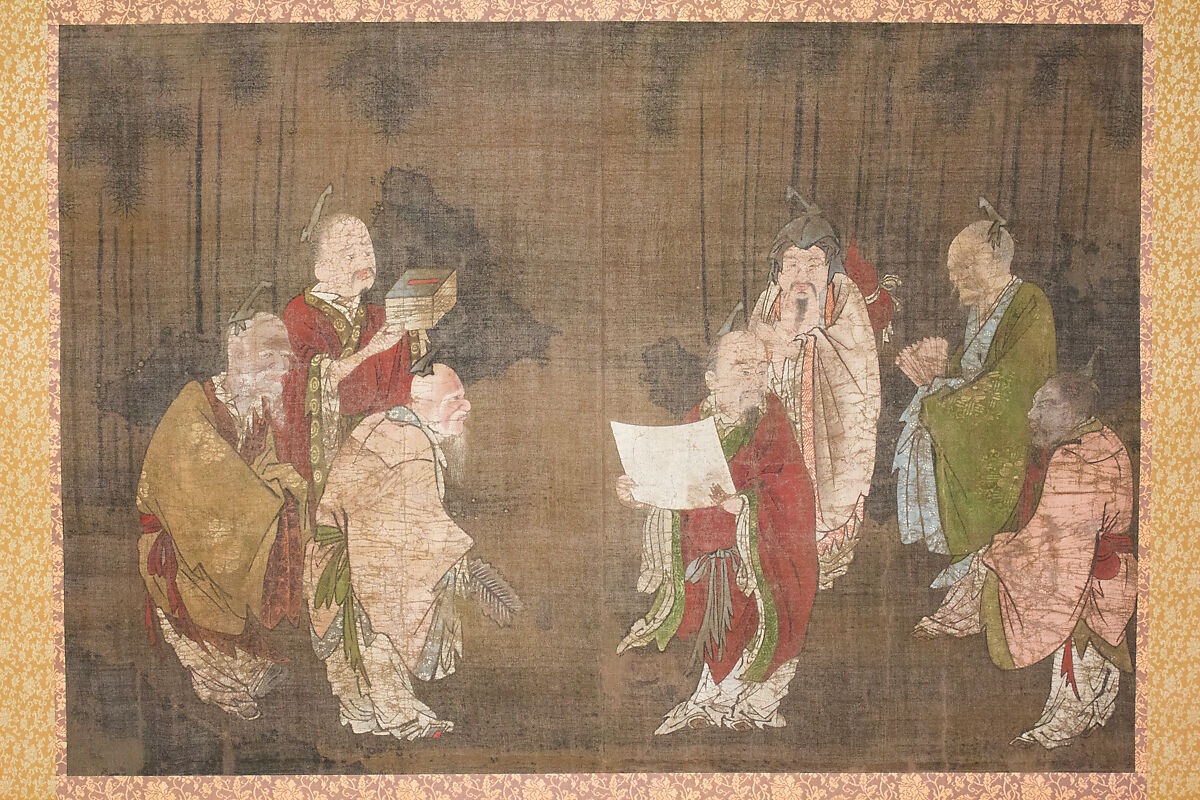 Seven Sages of the Bamboo Grove, Hanging scroll; ink and color on silk, Japan 