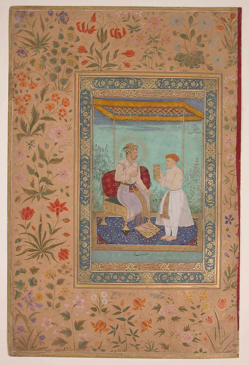 "Jahangir and His Vizier, I'timad al-Daula", Folio from the Shah Jahan Album, Attributed to Manohar (active ca. 1582–1624), Ink, opaque watercolor, and gold on paper 