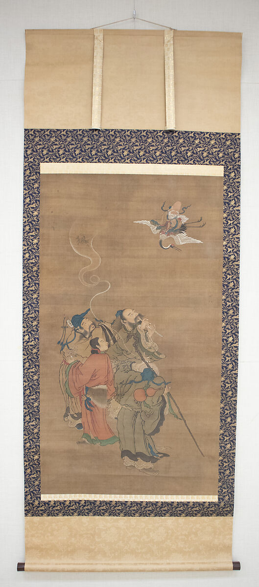 Eight Daoist Immortals Welcoming Jurōjin, Hanging scroll; ink and color on silk, Japan