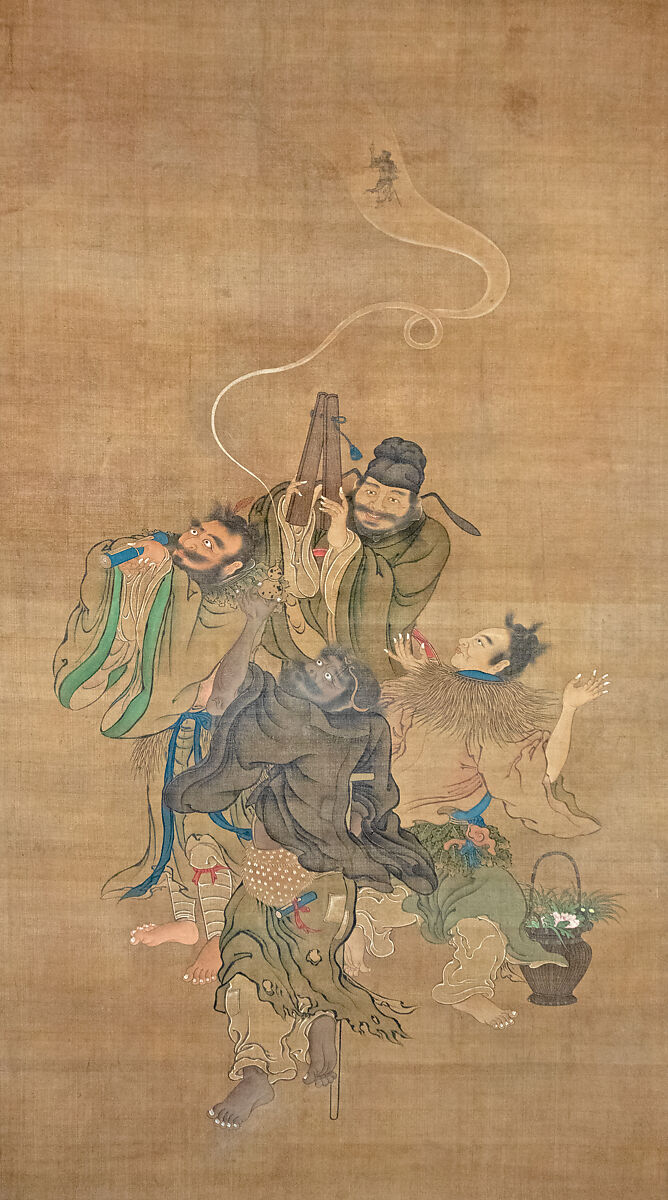 Eight Daoist Immortals Welcoming Jurōjin, Hanging scroll; ink and color on silk, Japan